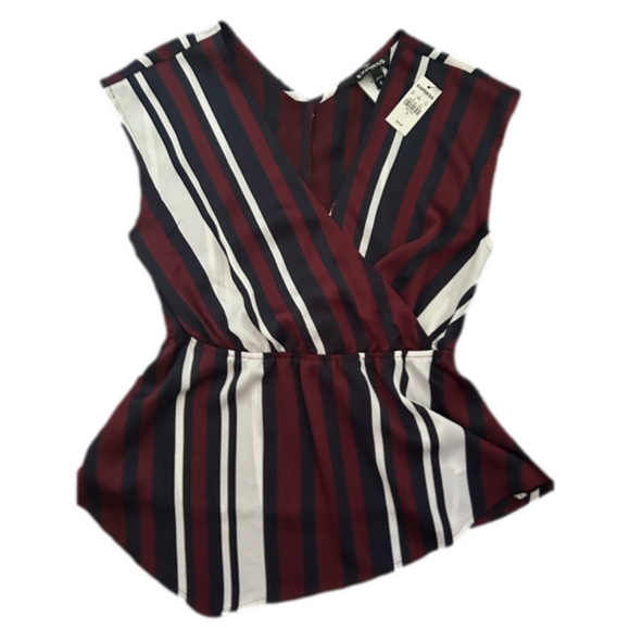 Express Tops - Express Asymmetrical Striped Maroon & Navy Wrap-style Peplum Top - Size S‎